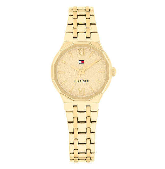 De Tommy Hilfiger MACKENZIE horloge 1782886 is een elegant en stijlvol dameshorloge met een goudkleurige roestvrijstalen band en kast. Het heeft een kwartsuurwerk, mineraalglas en een ronde kast met Romeinse cijferaanduiding. Waterbestendig tot 3atm. Perfect voor formele gelegenheden en dagelijks gebruik. Draag het met chique kleding voor een verfijnde look. Geen datumfunctie.