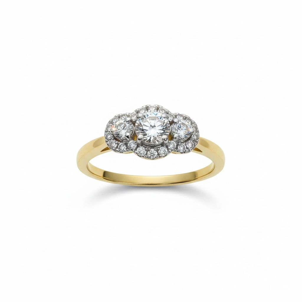 14 karaat geelgouden ring met 25 briljant geslepen diamanten van totaal 0.37 caraat.