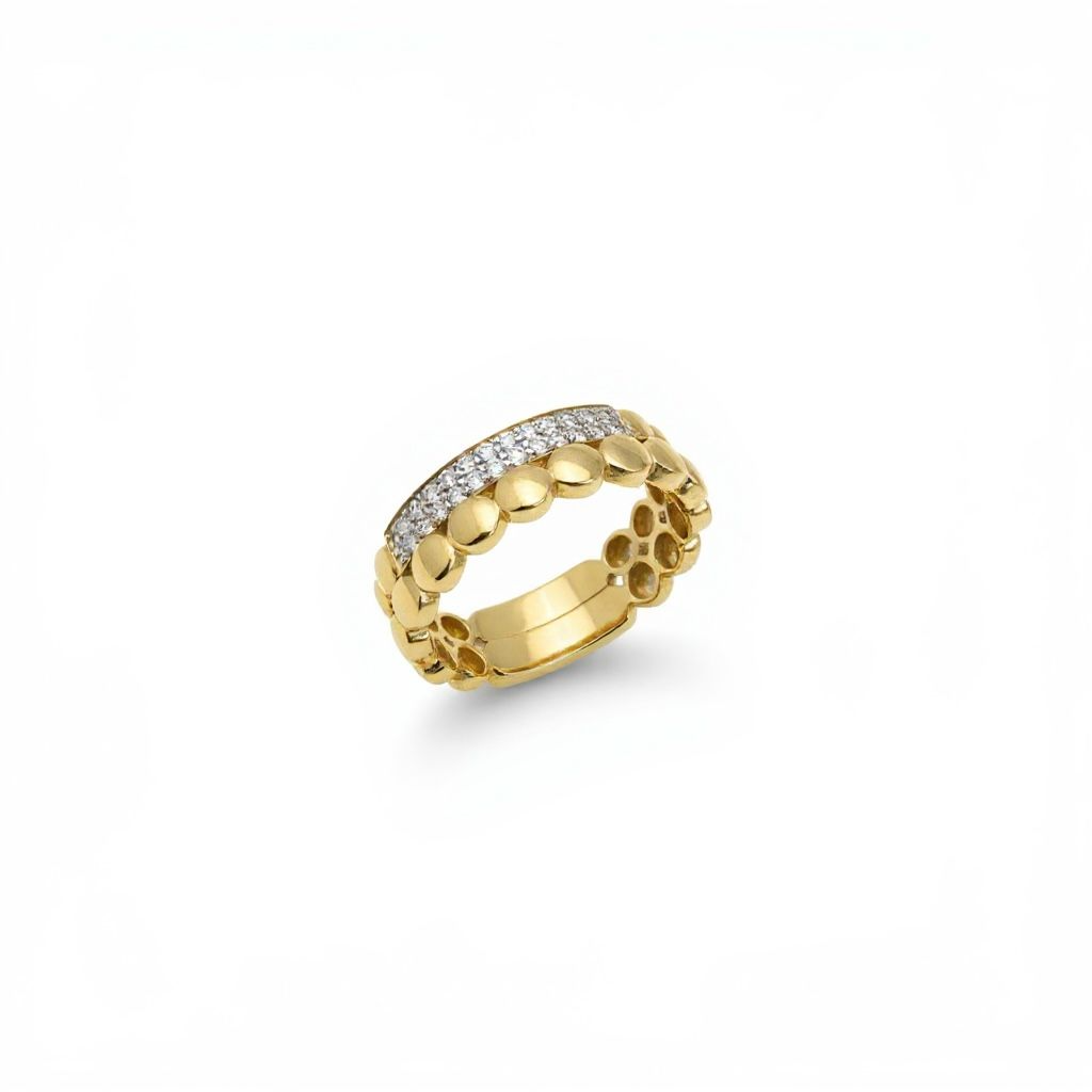 14 karaat geelgouden combinatie ring met bolletjes en 30 diamanten van 0.005 caraat van totaal 0.15 caraat.