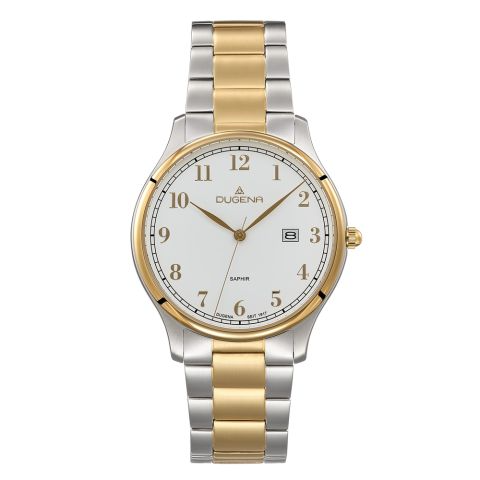 Entdecken Sie die elegante Dugena Damenuhr Bicolor Diese Armbanduhr beeindruckt mit einem 40 mm Edelstahlgeh&auml;use und einem edlen, gold-silberfarbenen Armband. Ein integriertes Datumsfunktion erg&auml;nzt ihre Funktionalit&auml;t. Perfekt f&uuml;r formelle Anl&auml;sse oder als stilvolles Accessoire im Alltag. Tragen Sie sie zu einem Business-Outfit oder einem eleganten Abendkleid.