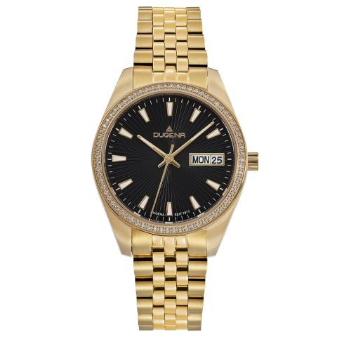Die Dugena Herrenuhr besticht durch ihr klassisches Design. Sie verf&uuml;gt &uuml;ber ein Datum und ein edles goldfarbenes Armband. Das Geh&auml;use aus Edelstahl sorgt f&uuml;r Langlebigkeit. Mit ihrer Gr&ouml;&szlig;e von 34 eignet sie sich perfekt f&uuml;r elegante Anl&auml;sse und den t&auml;glichen Gebrauch. Kombinieren Sie sie mit formeller Kleidung f&uuml;r einen stilvollen Auftritt.