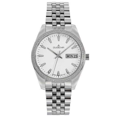 Die Dugena Damenuhr ist eine elegante Armbanduhr aus Edelstahl mit silberfarbenem Armband. Mit Datumsfunktion und 34 mm Geh&auml;usegr&ouml;&szlig;e ist sie perfekt f&uuml;r den t&auml;glichen Gebrauch. Am besten passt sie zu formeller oder gesch&auml;ftlicher Kleidung, um einen stilvollen und professionellen Look zu vervollst&auml;ndigen.