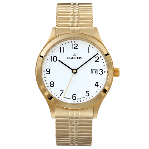 Die Dugena Damenuhr Zugband, besticht durch ihr elegantes Design mit einem goldfarbenen Armband und einem Edelstahlgeh&auml;use. Mit Datumsfunktion und einer Gr&ouml;&szlig;e von 37 mm ist sie ideal f&uuml;r den t&auml;glichen Gebrauch. Tragen Sie diese stilvolle Uhr zu einem formellen oder l&auml;ssigen Outfit, um Ihrem Look einen Hauch von Eleganz zu verleihen.
