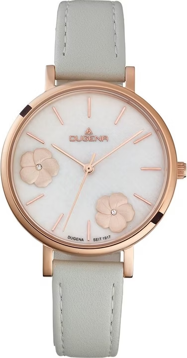 Die Dugena Damenuhr  &uuml;berzeugt durch ihr elegantes Design. Diese Armbanduhr besitzt ein 37 mm gro&szlig;es Edelstahlgeh&auml;use und ein graues Armband. Trotz des Verzichts auf eine Datumsfunktion besticht sie durch ihre schlichte Eleganz. Perfekt f&uuml;r den Alltag und formelle Anl&auml;sse, ideal kombinierbar zu minimalistischen, eleganten Outfits.