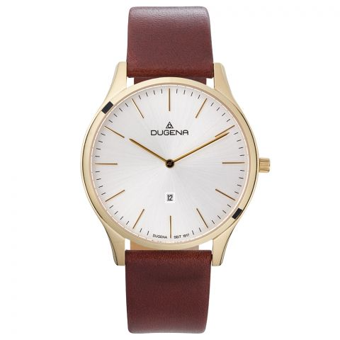 Die Dugena Damenuhr besticht durch ihr elegantes Design. Sie verf&uuml;gt &uuml;ber ein braunes Armband und ein Geh&auml;use aus Edelstahl. Die Uhr ist eine stilvolle Erg&auml;nzung zu jeder Garderobe und eignet sich perfekt f&uuml;r den t&auml;glichen Gebrauch. Am besten kombiniert man sie mit l&auml;ssiger oder gesch&auml;ftlicher Kleidung. Sie besitzt keine Datumsfunktion.