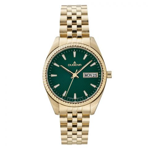 Die Dugena Herrenuhr besticht durch ihr elegantes Design. Eigenschaften: Kategorie: Uhr, Typ: Armbanduhr, Armbandfarbe: Goldfarben, Geh&auml;usematerial: Edelstahl, Datumsfunktion: Ja, Gr&ouml;&szlig;e: 34 mm, Zustand: Neu. Perfekt zu formeller Kleidung oder eleganter Abendgarderobe. Tragen Sie die Uhr locker am Handgelenk f&uuml;r optimalen Komfort und Stil.