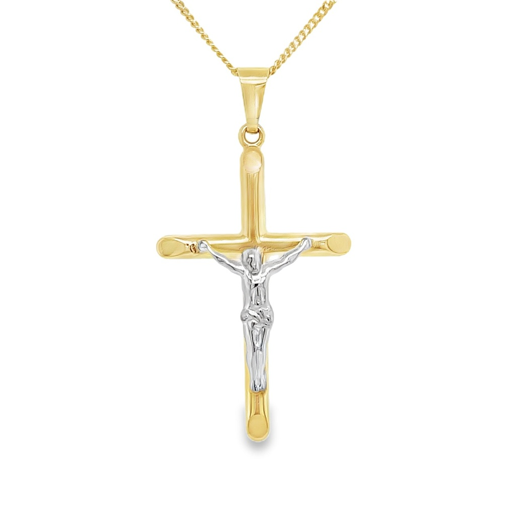 De Bicolor gouden hanger Crucifix Kruis, modelnummer GH2309, is een stijlvolle en klassieke hanger van 18 mm breed, ontworpen als sieraad. Deze hanger valt onder de categorie 'sieraad' en is van het type 'hanger'. Draag deze tijdloze hanger aan een ketting voor zowel formele als informele gelegenheden voor een elegante uitstraling.