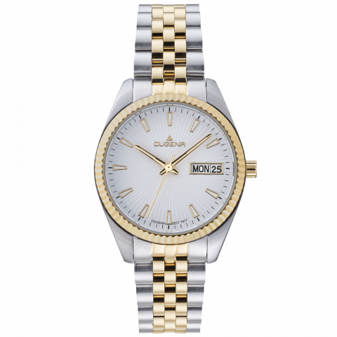 Die Dugena Damenuhr Bicolor ist eine elegante Armbanduhr. Diese Uhr besticht durch ihr zweifarbiges Design, das sowohl Gold- als auch Silberakzente enth&auml;lt. Sie ist perfekt f&uuml;r den t&auml;glichen Gebrauch oder besondere Anl&auml;sse geeignet. Am besten wird sie am Handgelenk getragen und kann problemlos mit verschiedenen Outfits kombiniert werden. Ideal f&uuml;r modebewusste Damen.