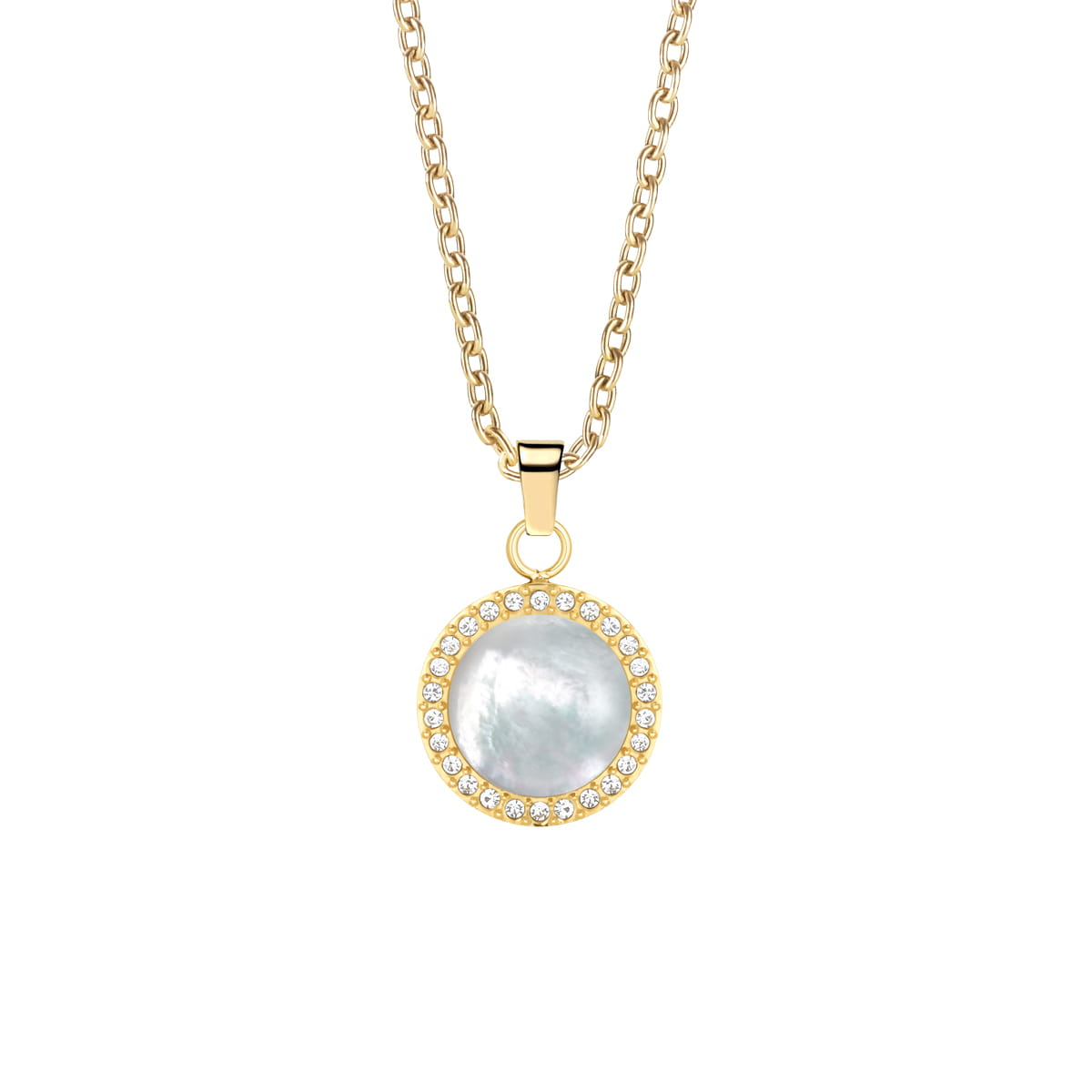  De 452-27-450 ketting straalt verfijnde elegantie en vrouwelijke charme uit. De ronde hanger met parelmoerachtige glans is omringd door fonkelende kristallen, die het licht prachtig weerkaatsen. De warme goudkleurige ketting vormt een perfecte combinatie met de zachte glans van de hanger.  Gemaakt van hoogwaardige materialen met een gepolijste goudkleurige afwerking, is de 452-27-450 licht, comfortabel en tijdloos stijlvol. Ideaal voor dagelijks gebruik of speciale gelegenheden, voegt deze ketting een subtiele luxe toe aan elke look.  Een sieraad dat elegantie, warmte en tijdloze schoonheid belichaamt. 
