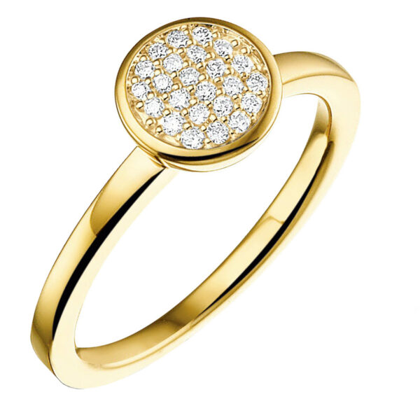 585/1000 Geelgouden ring met briljant: 24 keer briljant in een ronde zetting. Totaal 0.12 crt HSI.