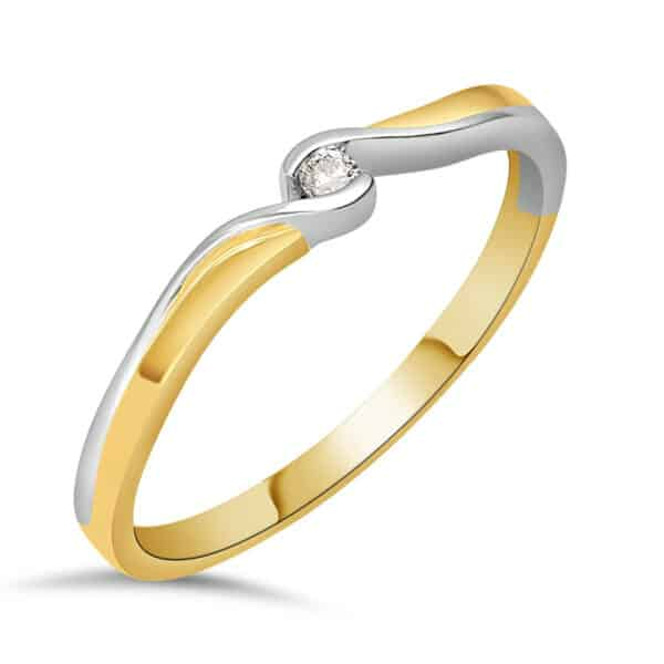 GBG0062. Bicolor gouden damesring. Fantasie model met in het midden 1 briljant 0.03crt. 