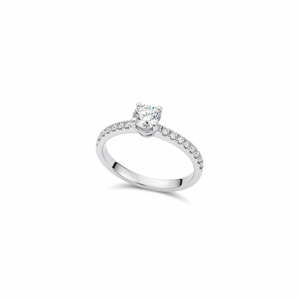 14 karaat witgouden solitair ring met briljant van 0.25 caraat en met zijstenen 18x0.01 caraat totaal 0.43 caraat briljanten