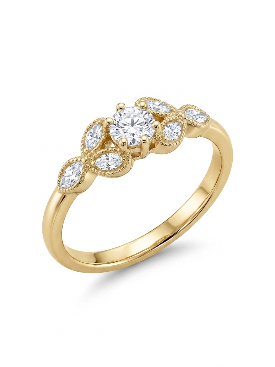 De 14 karaat gouden solitaire ring met marquise zijkanten, model RF5198, is perfect als verlovingsring. De ring heeft een briljant geslepen diamant van 0.25 karaat, met een prachtige H (Wesselton) kleur. Deze nieuwstaat ring straalt goudglans uit. Draag deze elegante ring om liefde en toewijding bij speciale gelegenheden te symboliseren.