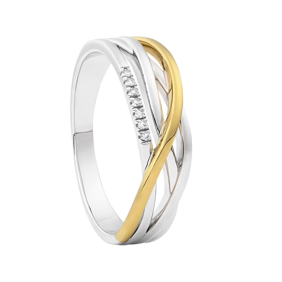 Deze verfijnde ring van 14 karaat goud gecombineerd met 925 zilver heeft een moderne en elegante uitstraling. De combinatie van warme gouden tinten en koel zilver geeft de ring een uniek en stijlvol karakter.

De ring is bezet met een schitterende natuurlijke diamant van 0,03 ct, die zorgt voor een subtiele, luxe sparkle. De diamant heeft een kwaliteit van Top Wesselton SI2, wat staat voor een mooie witte kleur en kleine insluitsels die met het blote oog nauwelijks zichtbaar zijn.

Een tijdloos sieraad dat perfect is voor dagelijks gebruik, maar ook prachtig tot zijn recht komt bij bijzondere gelegenheden.