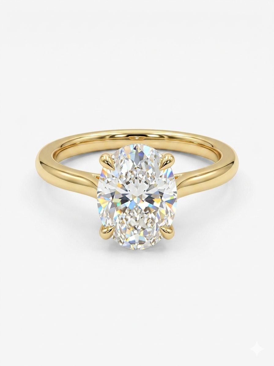 Deze prachtige 18 karaat geelgouden ovaal geslepen ring, modelnummer 1029Q, heeft een laboratoriumgemaakte diamant van 2,0 karaat met zuiverheid VS1 en kleur E. Perfect als verlovingsring in maat 53. Deze nieuwe, goudkleurige ring straalt elegantie uit en is ideaal om te dragen bij speciale gelegenheden voor een vleugje luxe en verfijning.