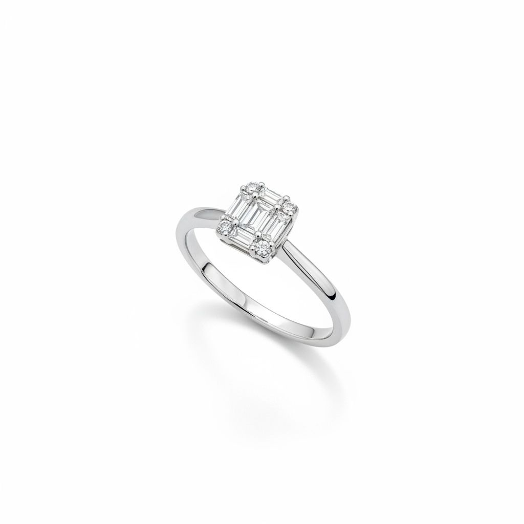 14 karaat witgouden ring met 5 baguette geslepen diamanten en 4 briljant geslepen diamanten.