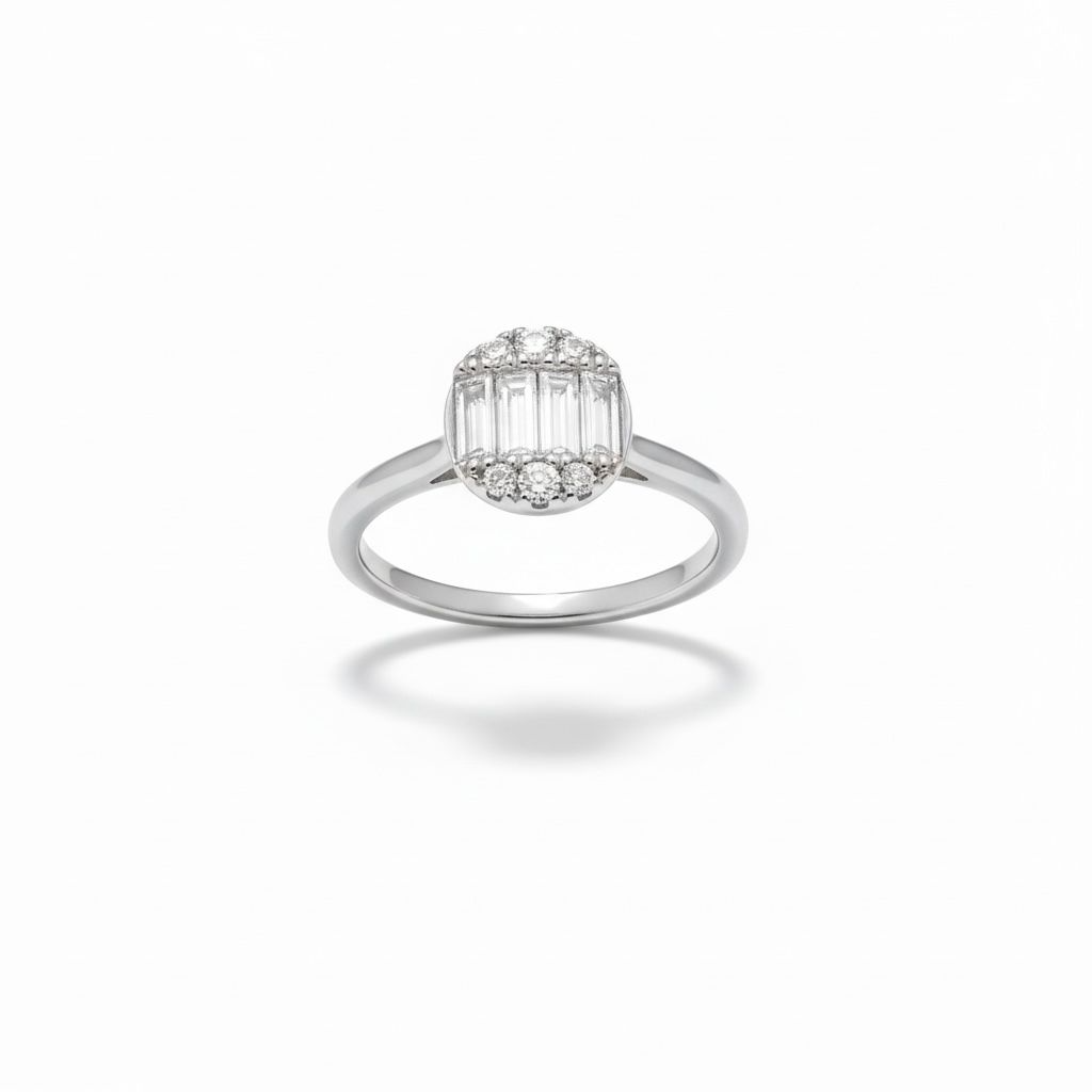 14 karaat witgouden ring met briljant geslepen en baguette diamant. 10-0,33Ct G/SI