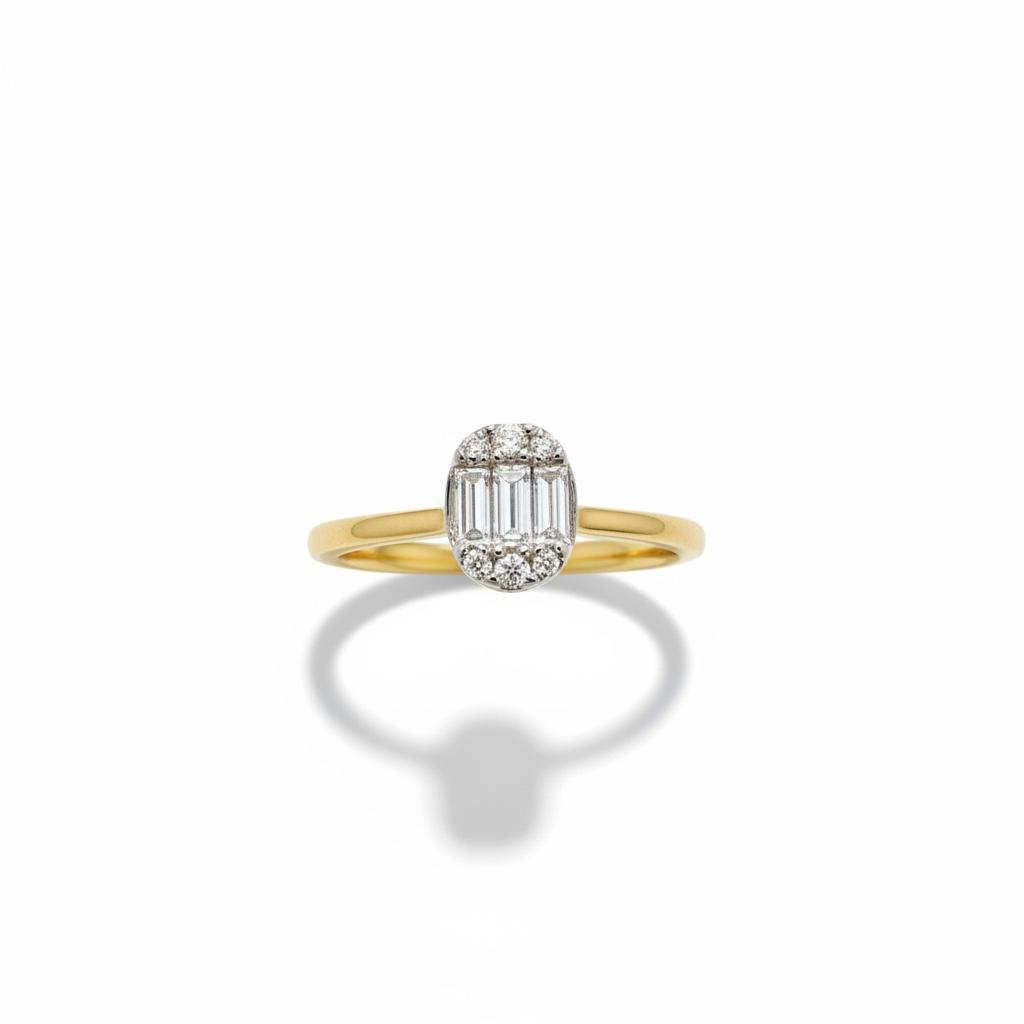   14 karaat geelgouden ring met briljant en baguette geslepen diamant. Totaal = 9-0.21ct G/SI