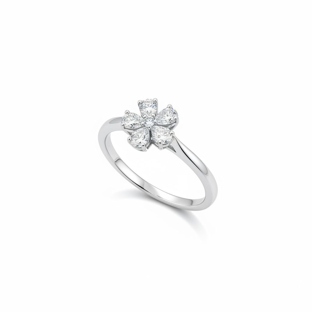 18 karaat witgouden ring in de vorm van een bloem met peer en briljant geslepen diamant 0,34 caraat G/SI