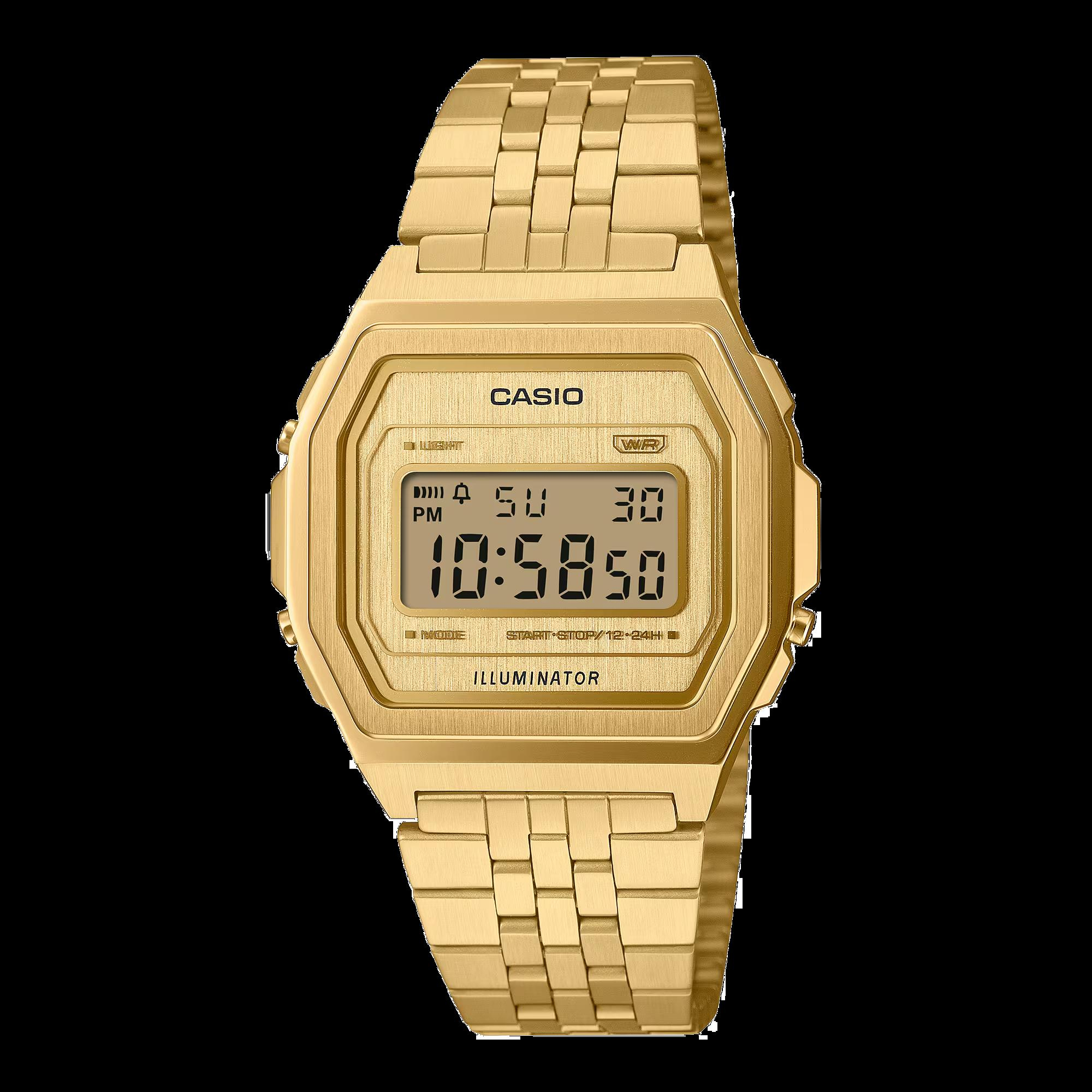 De DIGITAL A1000G-9EF is een stijlvolle polshorloge met een kast van roestvrij staal en een gouden kleurige band. Het beschikt over een datumaanduidingsfunctie. Dit horloge heeft een diameter van 40 mm en past perfect bij zowel formele als casual outfits. Draag het om je pols voor een verfijnde en tijdloze uitstraling.