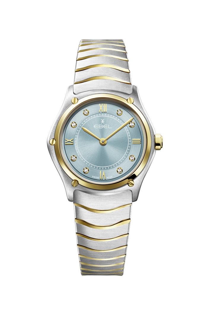 een polshorloge Ebel model sport classic met een pastel blauwe wijzerplaat waarop 8 diamantjes totaal 0.052crt