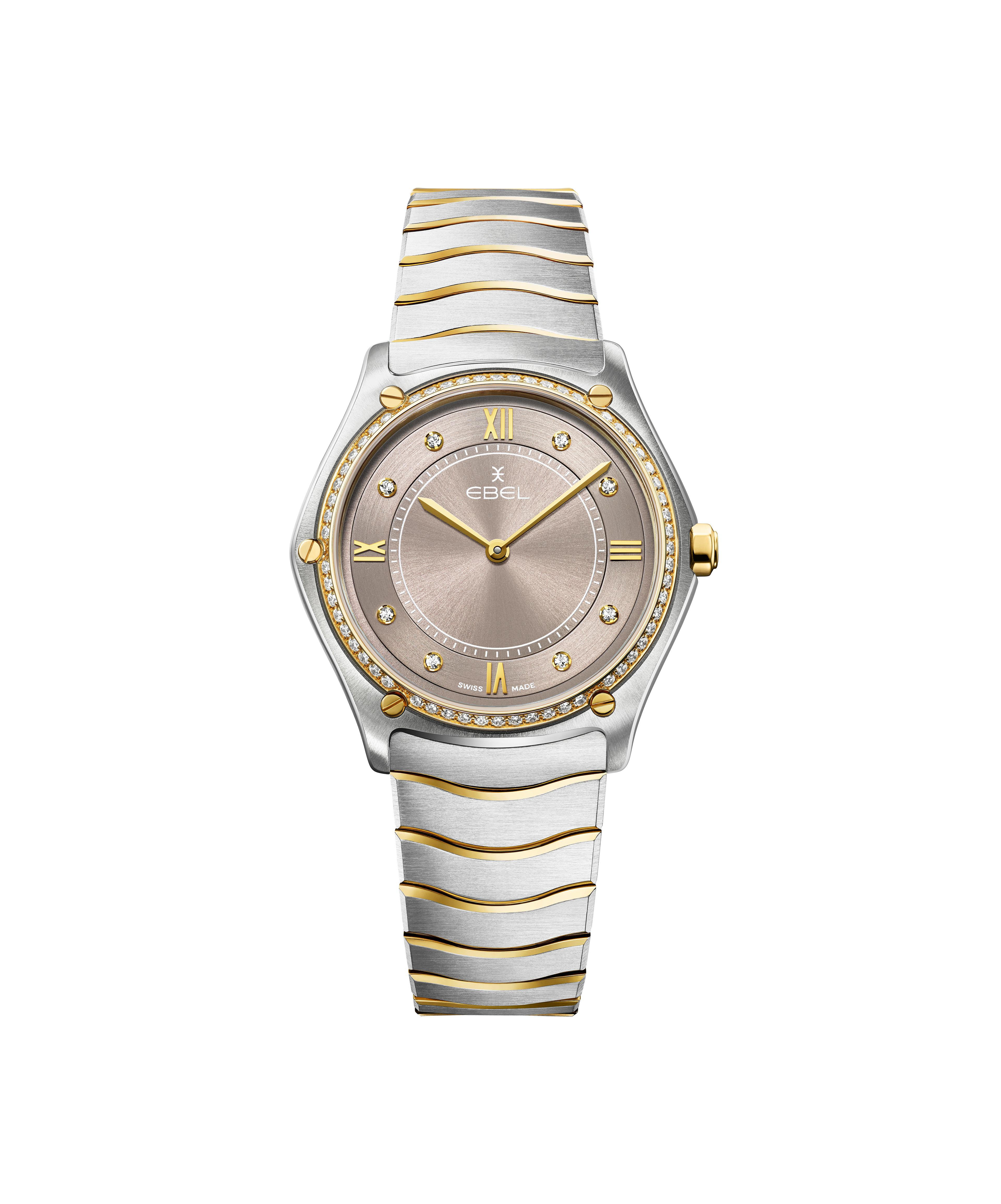 een dames polshorloge model Sport Classic met bruine/ grijze wijzerplaat waarop 8 diamantjes en de lunette is bezet met diamant totaal 67 diamantjes totaal 0.436 crt.