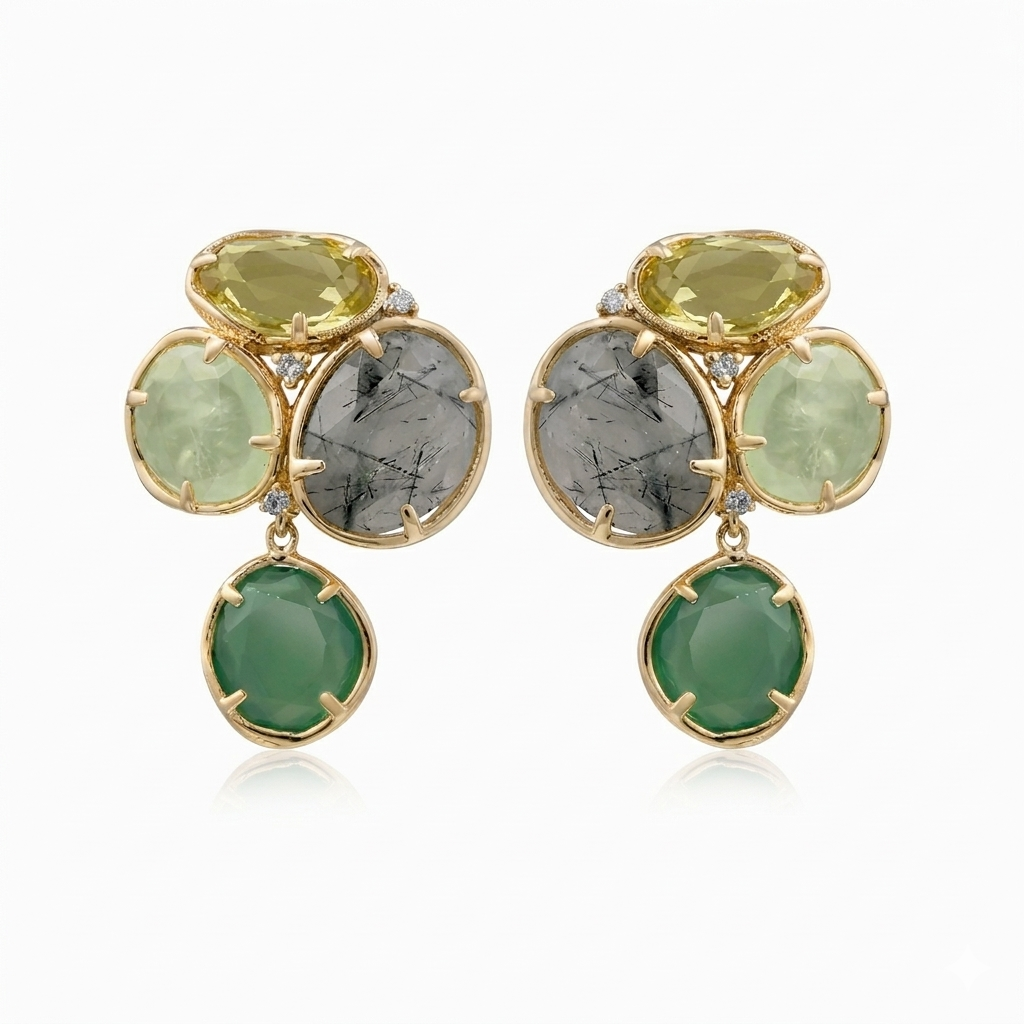 De PERONI & PARISE ROSE Oorbellen met Prehniet, Citroenkwarts 0,15ct , diamanten en Groene Rookkwarts zijn gouden oorbellen van 14 karaats goud. ze stralen luxe en verfijning uit. Draag ze als statement-stuk bij opgestoken haar voor een elegante look of combineer met andere gouden sieraden voor een glamoureuze uitstraling.