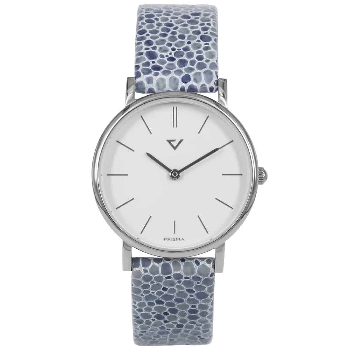 Prisma P1866 dames horloge edelstaal 		
		
Algemeen		
Geslacht: dames		
Model: P.1866		
		
Voordelen		
- band echt leer blauw/paars		
- wijzerplaat wit met zilvere streepjes		
- slimeline model (minder dan 9 mm dik)		
- designed in the Netherlands		
- box calfleer		
- spat waterdicht: handenwassen, regen		
- quartz		
- maat kast 32mm (breedte) 7mm (dikte)		
		
		
		
		
