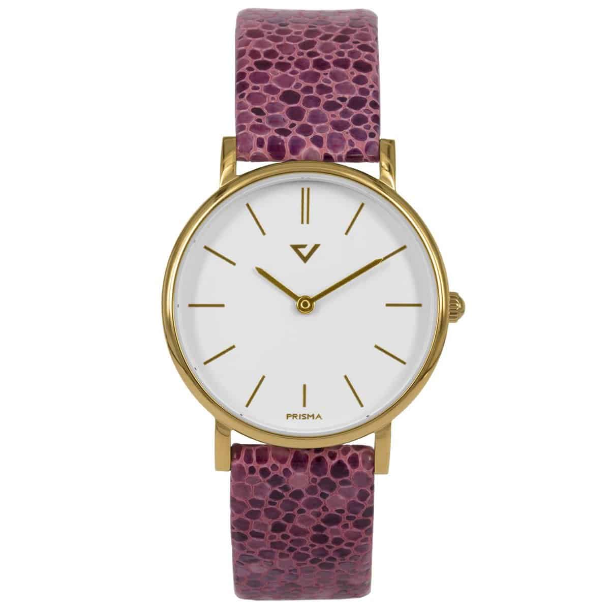 Prisma P1868 dames horloge edelstaal 		
		
Algemeen		
Geslacht: dames		
Model: P.1868		
		
Voordelen		
- band echt leer roze		
- wijzerplaat wit met goudkleurige streepjes		
- extra harde duurzame laag		
- slimeline model (minder dan 9 mmdik)		
- designed in the Netherlands		
- box calfleer		
- spat waterdicht: handenwassen, regen		
- quartz		
- maat kast 32mm (breedte) 7mm (dikte)		
		
	
