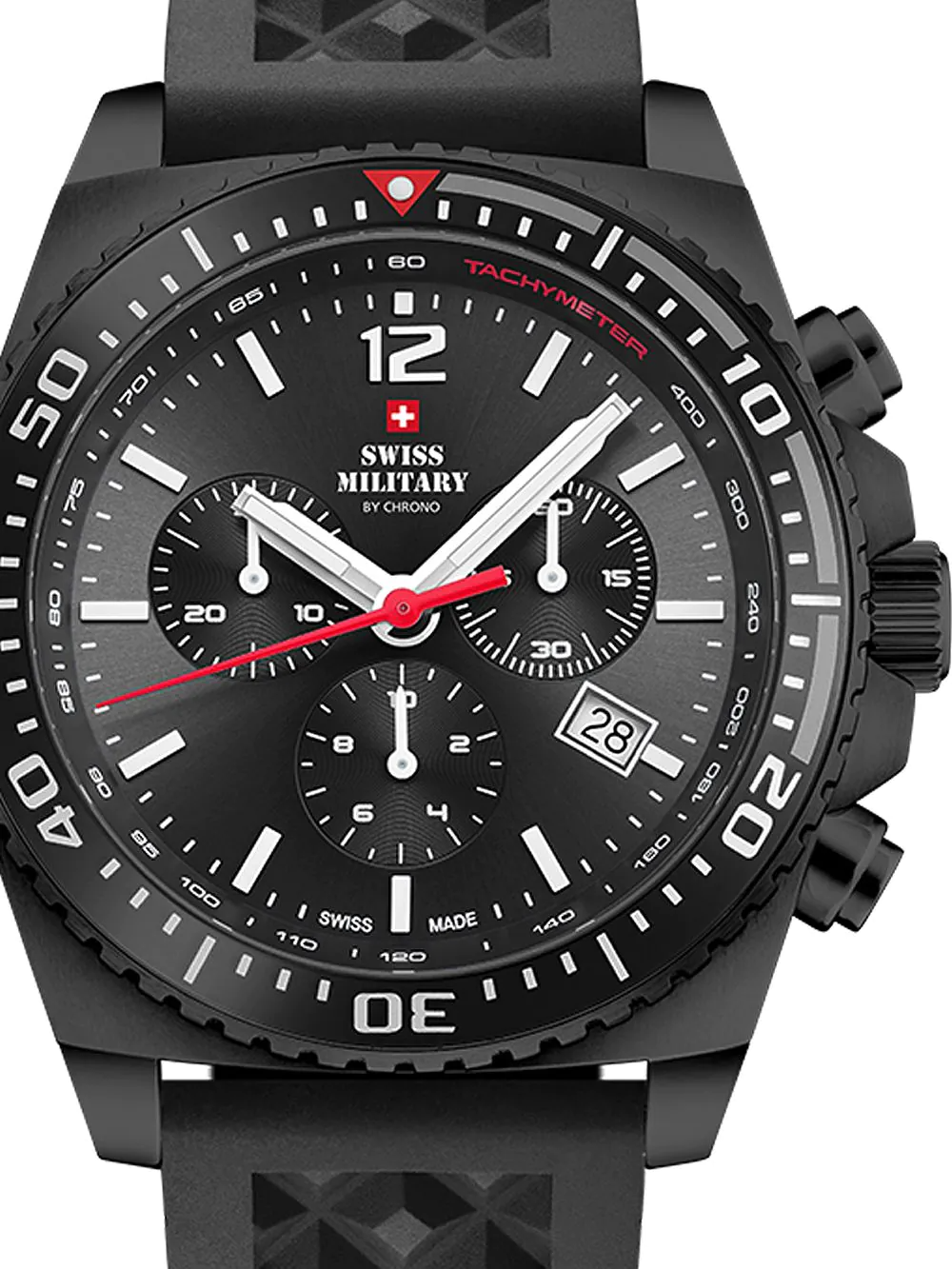 Die Swiss Military by Chrono Herrenuhr besticht durch ein 45 mm Geh&auml;use aus schwarzem Edelstahl, ein schwarzes Silikonarmband und ein analoges Zifferblatt mit Saphirglas. Sie ist wasserdicht bis 10 ATM und verf&uuml;gt &uuml;ber eine Datumsfunktion. Perfekt f&uuml;r den t&auml;glichen Gebrauch oder sportliche Aktivit&auml;ten. Tragen Sie es l&auml;ssig oder elegant zu jeder Gelegenheit.