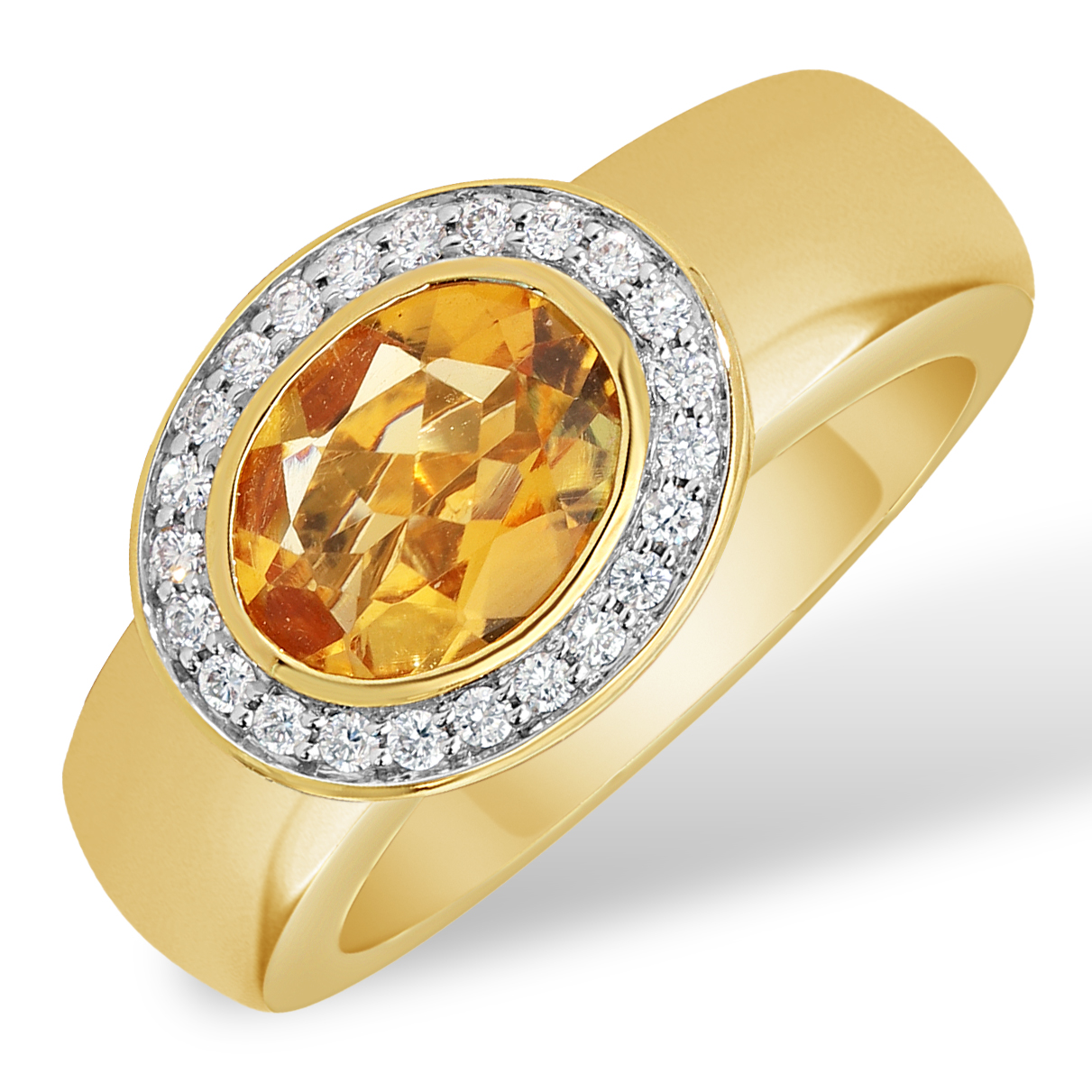 Deze 14kt geelgouden ring, model GBG0045, straalt luxe uit met een ovale citrien en een halo van 23 briljantgeslepen diamanten (0.16 ct, SI1 zuiverheid, G-kleur). Perfect als statement-sieraad voor speciale gelegenheden. Draag het solo voor elegante eenvoud of combineer met andere ringen voor een opvallende look. Nieuwe staat, maat 55.
