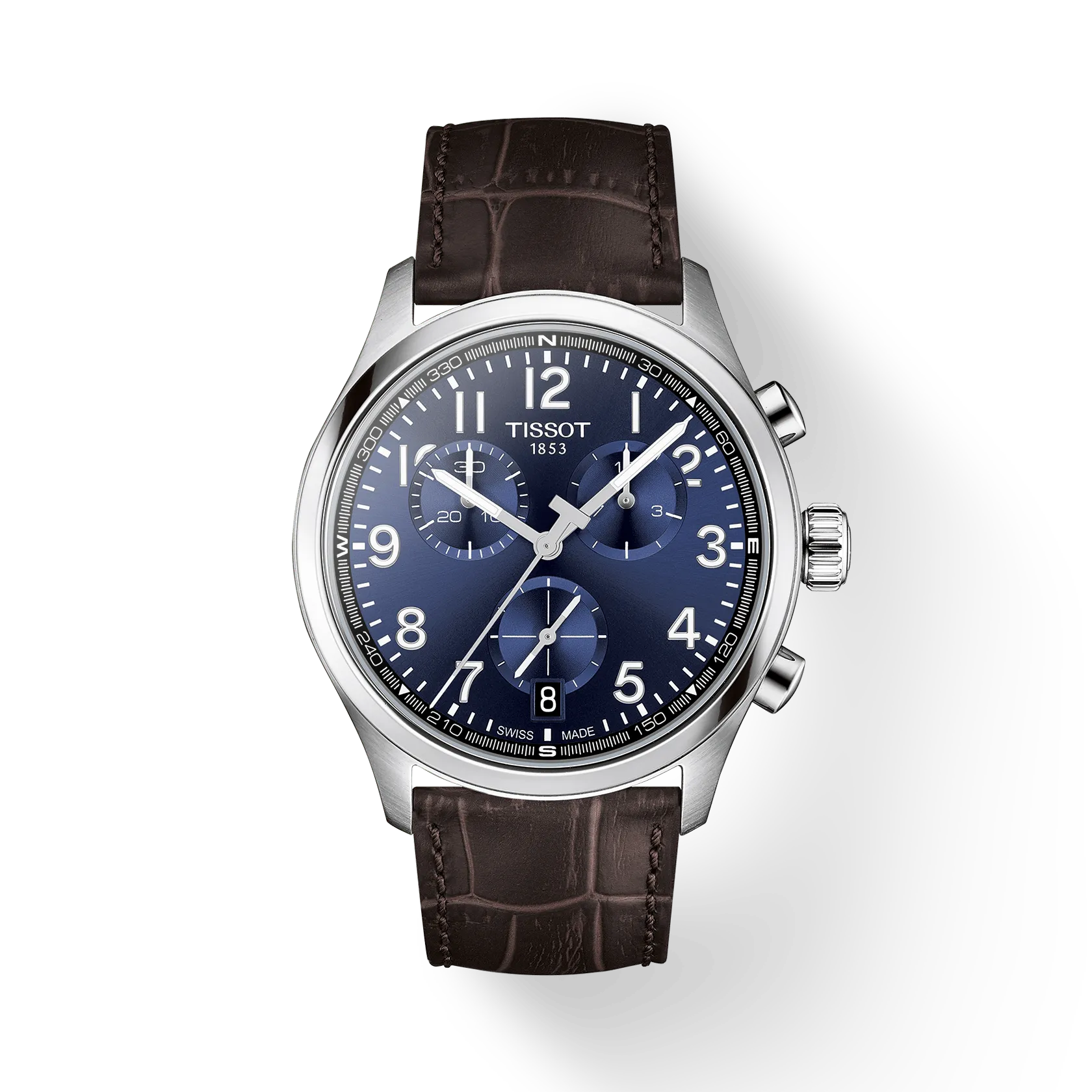 een Polshorloge Tissot model Chrono L met blauwe wijzerplaat en bruine leren band.
