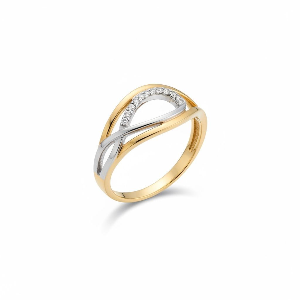 14 karaat bicolor ring met 12 briljant geslepen diamanten van totaal 0,045CT G/SI
