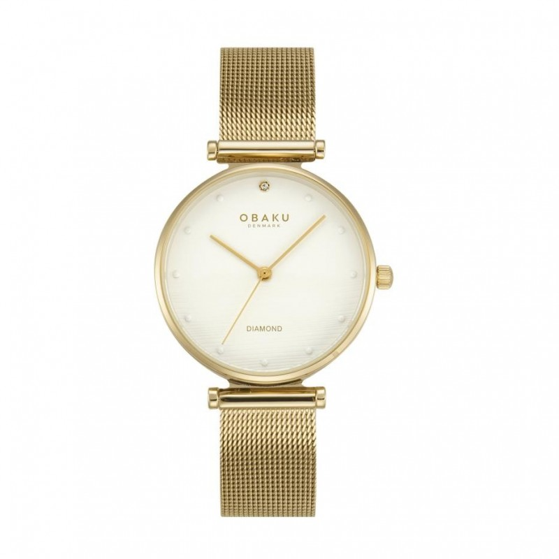 De Obaku Dames Horloge Funkle Gold V310LXGWMG is een verfijnd horloge met een roestvrijstalen kast en een stijlvolle gouden Milanese mesh band. Met analoge tijdsweergave, kwartsuurwerk en decoratieve diamantindexen straalt dit horloge luxe uit. Ideaal voor elegante gelegenheden of dagelijks gebruik. Draag het losjes om je pols voor een chique uitstraling. Waterdicht tot 3 ATM.