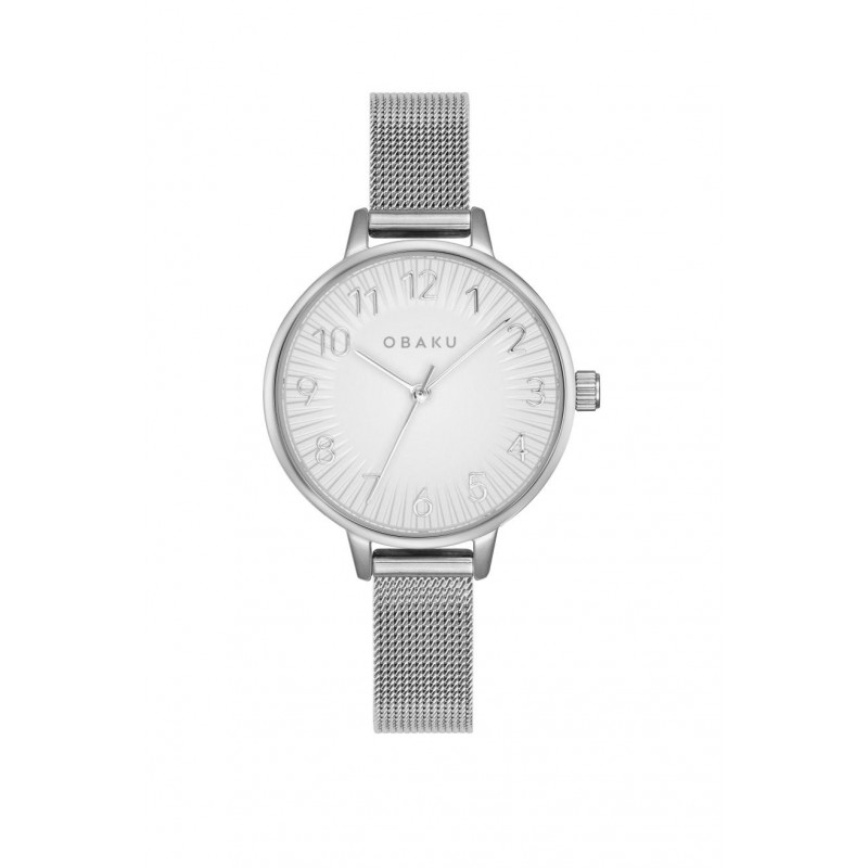 De Obaku Dames Horloge V237LXCIMC heeft een ronde, zilverkleurige roestvrijstalen kast en een wijzerplaat met Arabische cijfers. Met een strak zilverkleurig Milanese mesh bandje, biedt het een analoge kwartsbeweging zonder datumaanduiding. Dit horloge is nikkelvrij en waterdicht tot niveau 3. Perfect voor dagelijks gebruik met elegante outfits.