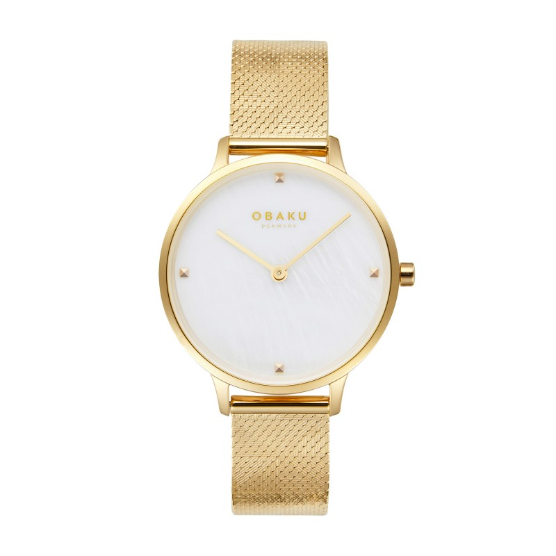 Het Obaku Dameshorloge, modelnummer V295LXGWHG, heeft een gouden roestvrijstalen Milanese mesh band en een ronde witte wijzerplaat met stipindexen. Met een kastgrootte van 34 mm, mineraalglas, waterbestendigheid van 3 ATM, en een analoge kwartshorlogemotor, is dit stijlvolle accessoire nikkelvrij. Ideaal voor dagelijks gebruik en formele gelegenheden.
