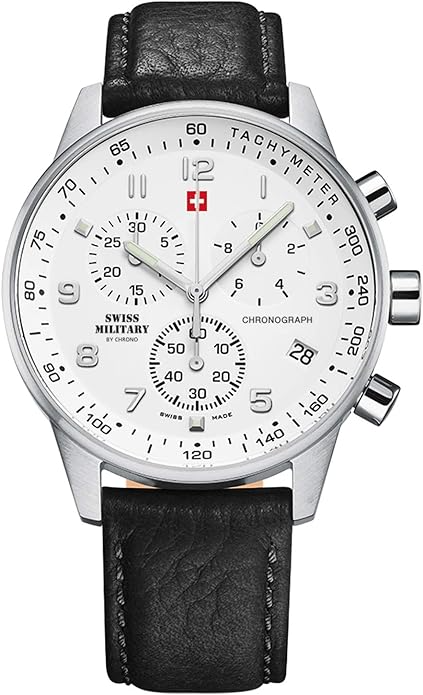 Die Swiss Military by Chrono Uhr besticht durch ihr silberfarbenes Edelstahlgeh&auml;use mit Saphirbeschichtung und einem wei&szlig;en Zifferblatt. Sie verf&uuml;gt &uuml;ber ein schwarzes Echtlederarmband und Quarzwerk. Chronographenfunktion ohne Datumsanzeige. Ideal f&uuml;r elegante Anl&auml;sse, stilvoll am Handgelenk getragen wird. Geh&auml;usegr&ouml;&szlig;e: 41 mm, runde Form. Perfekt f&uuml;r den modischen Gentleman.