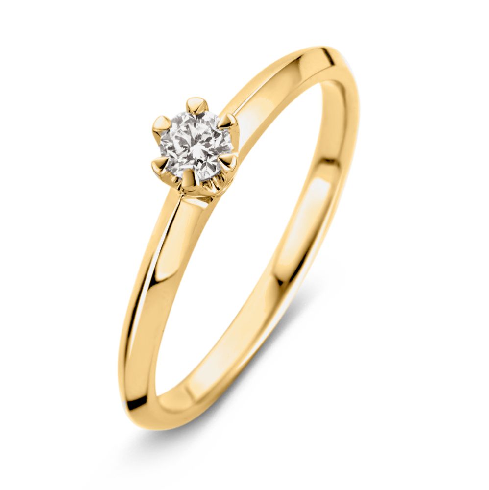 Deze gouden ring heeft een schitterende witte diamant (SI1 zuiverheid) in een goudkleurige setting. Deze verlovingsring straalt verfijning uit met een diametermaat van 56. Perfect voor speciale gelegenheden en dagelijks gebruik. Draag het als een statement-stuk op zichzelf of gecombineerd met andere fijne sieraden voor een elegante look. Gewicht: 2 gram.