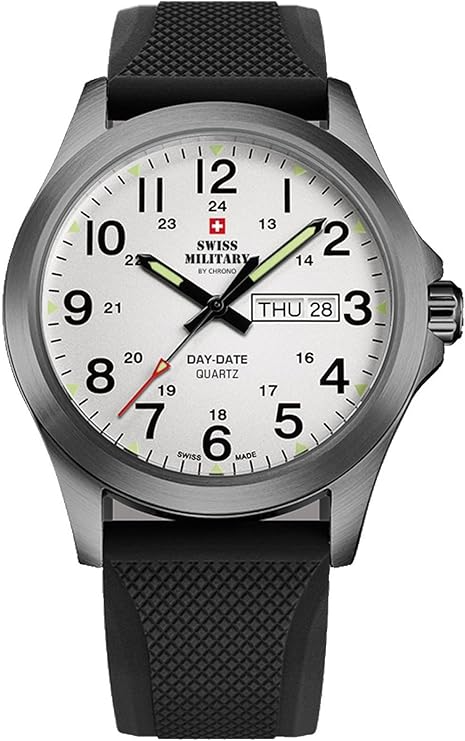 Der Swiss Military by Chrono ist eine stilvolle Armbanduhr mit einem 42mm runden Edelstahlgeh&auml;use in Schwarz und einem schwarzen Silikonarmband. Sie verf&uuml;gt &uuml;ber ein wei&szlig;es Zifferblatt mit analoger Anzeige und Datumsfunktion. Wasserdicht bis 50 Meter, angetrieben von einem Quarzwerk. Ideal f&uuml;r jede Gelegenheit und kombiniert Eleganz mit Funktionalit&auml;t.