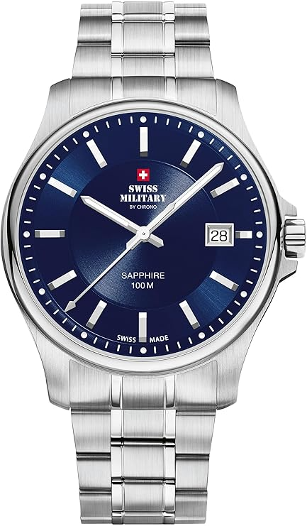 Erleben Sie das Swiss Military by Chrono: Eine elegante Uhr mit 39 mm Edelstahlgeh&auml;use und -armband, blauem Zifferblatt, Saphirglas und Datumsfunktion. Wasserdicht bis 10 ATM. Perfekt f&uuml;r den t&auml;glichen Gebrauch oder elegante Anl&auml;sse. Tragen Sie sie zu formeller Kleidung oder als stilvollen Akzent im Alltag. Neuzustand, analog, Quarzwerk.