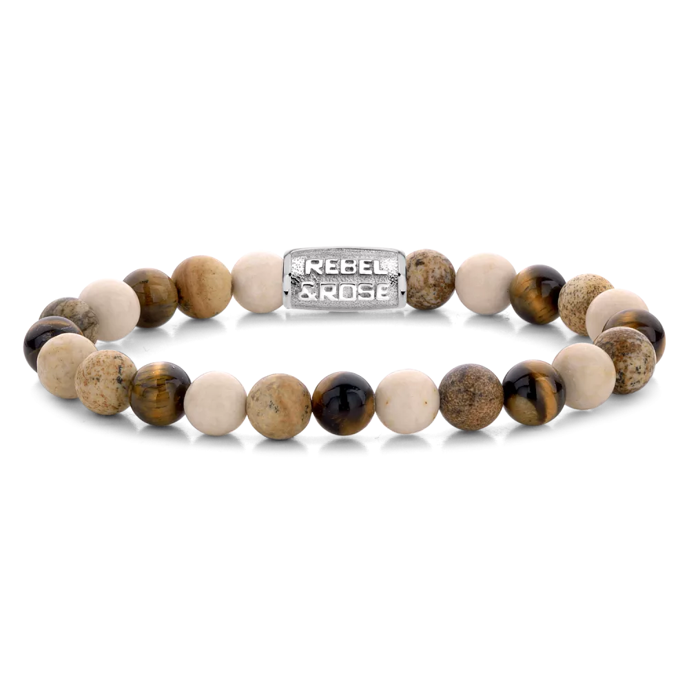 Bead armband, handgemaakt van 8 mm Tijgeroog, Lithographic, Fossil stenen met een zilverkleurig slot. Het Rebel & Rose sieraad is makkelijk te combineren met andere zilveren, leren of kralenarmbanden.
