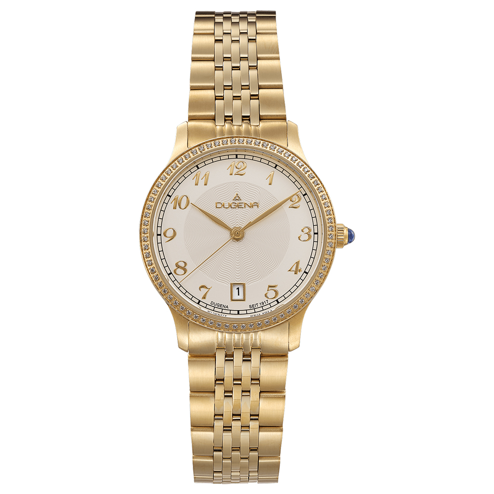 Die Damenuhr  besticht durch ihr elegantes Design mit goldfarbenem Edelstahlgeh&auml;use und -armband. Die Uhr verf&uuml;gt &uuml;ber ein rundes, 32 mm gro&szlig;es Saphirglaszifferblatt in Beige, einen Quarz-Uhrwerk und eine Wasserdichtigkeit von 5 ATM. Ideal f&uuml;r formelle Anl&auml;sse oder stilvolle Alltagslooks.