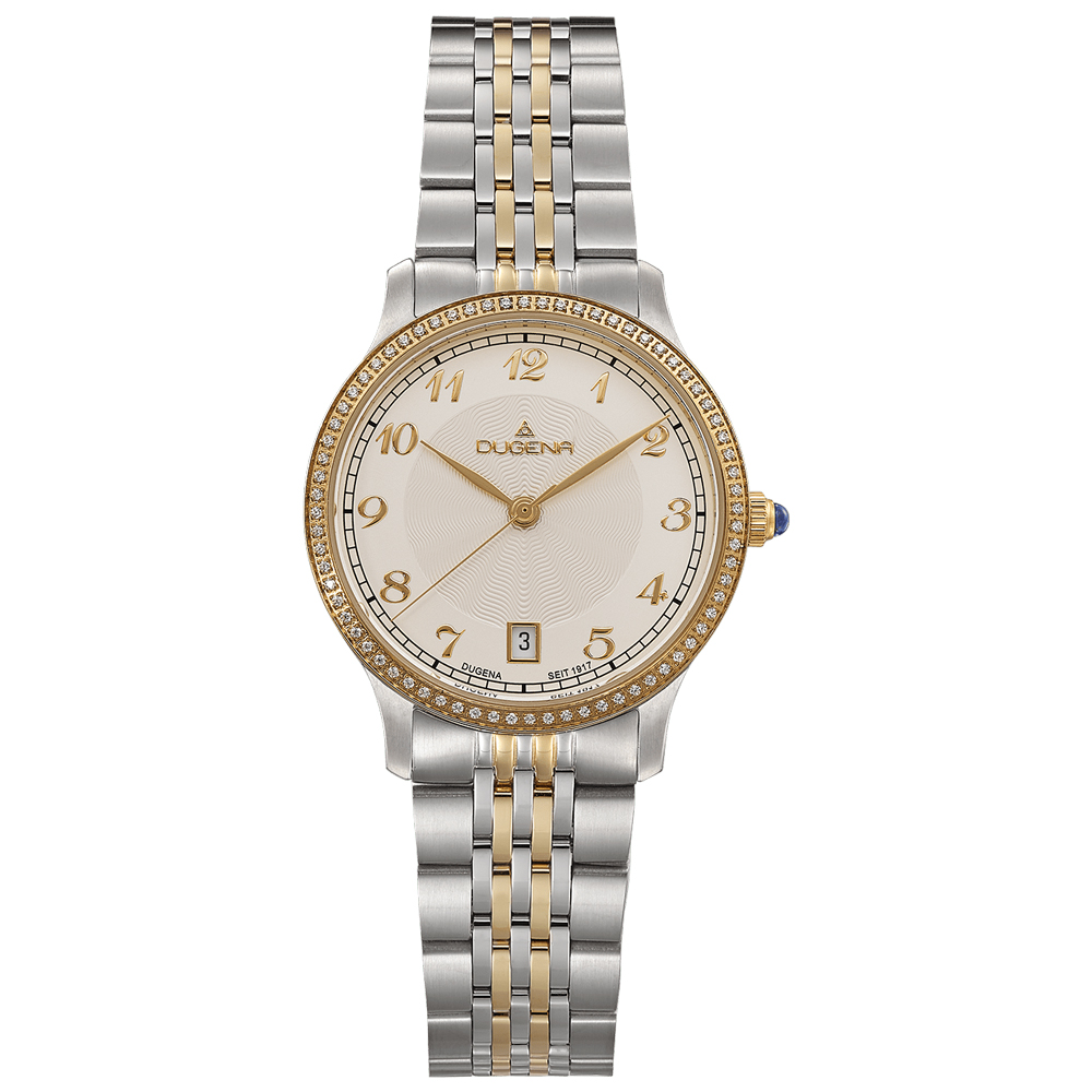 Die Damenuhr  besticht durch ihr 32 mm Edelstahlgeh&auml;use in Gold-Silber, Saphirglas und wei&szlig;e Ziffernblatt. Mit Quarzwerk, Datumsfunktion und einer Wasserdichtigkeit von 5 ATM ist sie perfekt f&uuml;r den t&auml;glichen Gebrauch. Tragen Sie sie zu eleganten und formellen Anl&auml;ssen f&uuml;r einen stilvollen Auftritt.