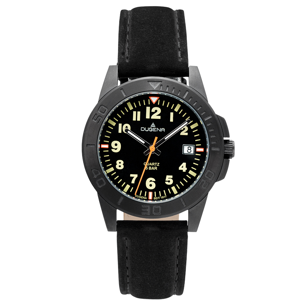 Die Kinderuhr ist eine stilvolle und funktionale Armbanduhr. Sie besteht aus Edelstahl, hat ein 36 mm Geh&auml;use, eine schwarze Echtlederarmband und Mineralglas. Wasserdicht bis 5 ATM und mit Quarzwerk ausgestattet. Perfekt f&uuml;r den t&auml;glichen Gebrauch und besondere Anl&auml;sse. Tragen Sie sie im Alltag oder zu besonderen Gelegenheiten!
