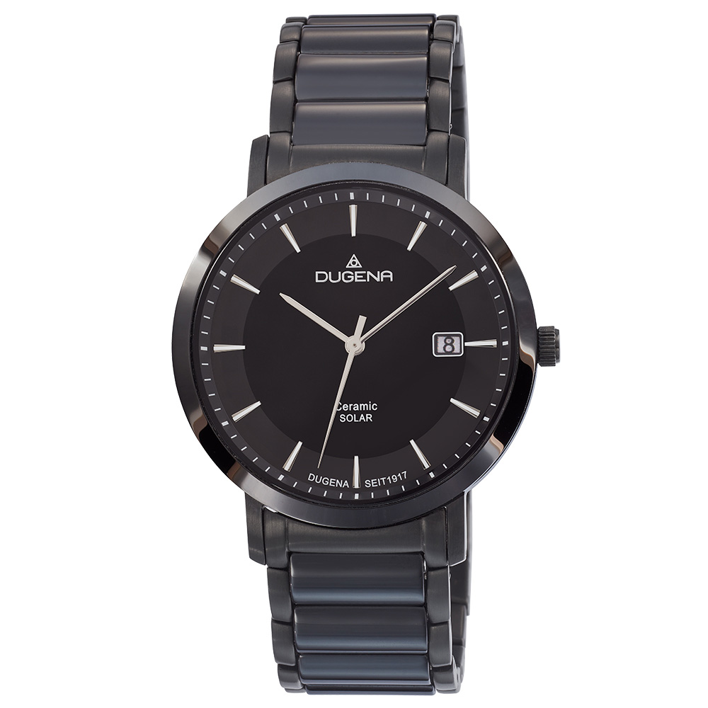 Die Herrenuhr Ceramic Solar schwarz besticht durch ihr elegantes Design mit einem schwarzen Keramikarmband und einem runden Edelstahlgeh&auml;use. Ausgestattet mit Quarzwerk, Mineralglas und Datumsfunktion. Wasserdicht bis 5 ATM. Ideal f&uuml;r den Alltag und besondere Anl&auml;sse. Kombinieren Sie sie mit formeller oder legerer Kleidung f&uuml;r einen stilvollen Auftritt. Zustand: Neu.