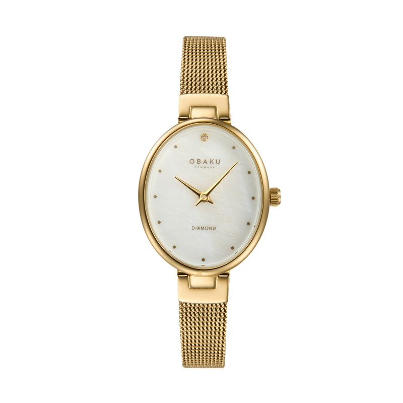 De Obaku Dames Horloge V312LXGWMG is een elegante polshorloge met een ovaalvormige, goudkleurige roestvrijstalen kast en een milanese mesh band. De parelmoerkleurige wijzerplaat met stipindexen straalt verfijning uit. Deze analoge quartzhorloge heeft een waterdichtheid tot 3 ATM en is nikkelvrij. Perfect voor elke chique gelegenheid, zonder datum- of lichtfunctie. Draag met formele en elegante outfits.