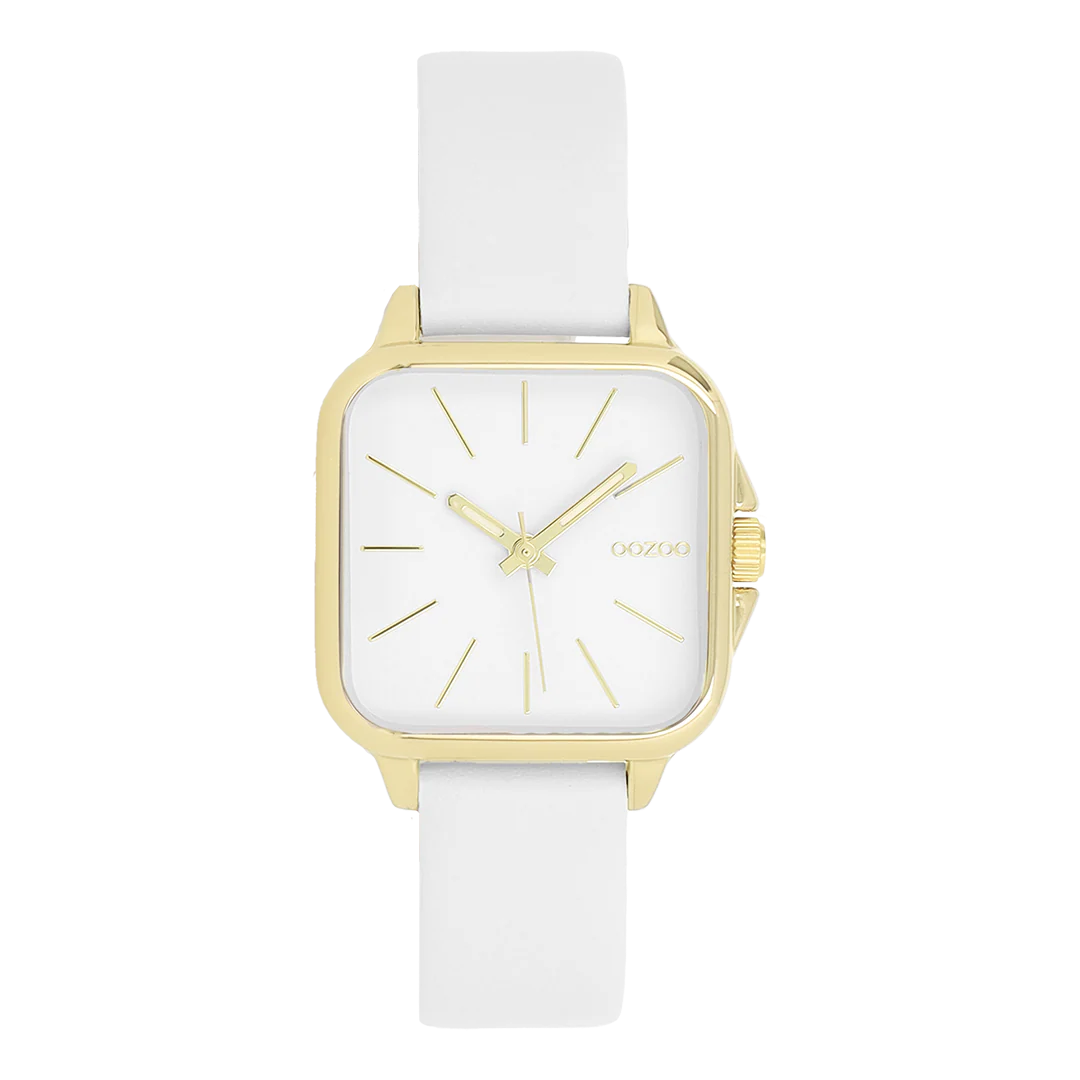 Val op met dit prachtige vierkante dameshorloge uit de trendy OOZOO Timepieces collectie. De C11665 heeft een lichtgrijze leren band en een goudkleurige metalen horlogekast van 34x34 mm. Met de lichtgrijze wijzerplaat met zonnestraalmotief, de goudkleurige cijferstrepen en de bijpassende wijzers maak je een stijlvol statement. Dit onmisbare horloge voor je garderobe heeft mineraalglas, een roestvrijstalen achterkant en is nikkelbestendig. Het horloge is voorzien van een Japans uurwerk met een waterdichtheid van 2 ATM