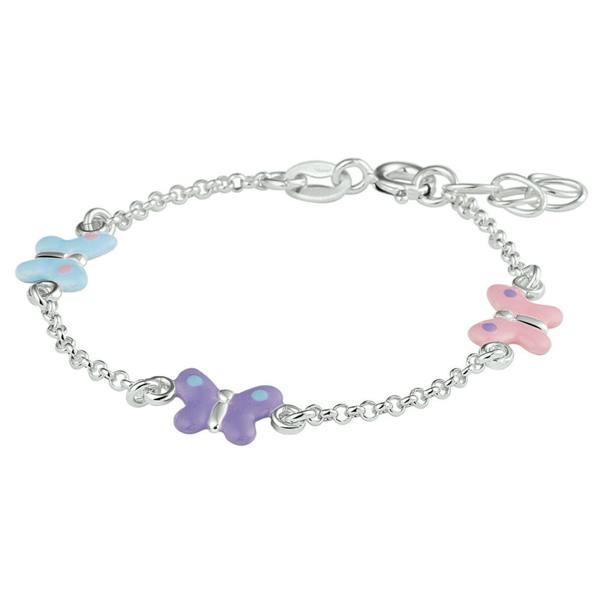 Zilveren kinderarmband uitgevoerd met 3 kleurrijke vlinders. De lengte bedraagt 13cm met 2cm extensie en de schakelbreedte is 1.7mm.