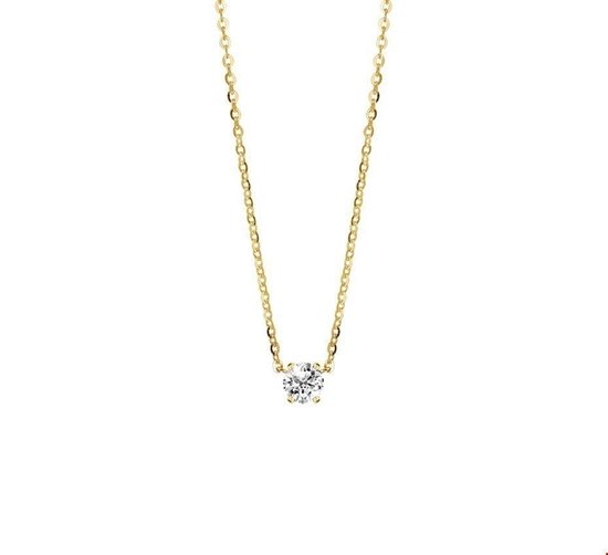 14k Geelgouden collier met zirkonia van 42cm lang. De schakelbreedte bedraagt 0.8mm. De zirkonia steen heeft een diameter van 4mm.