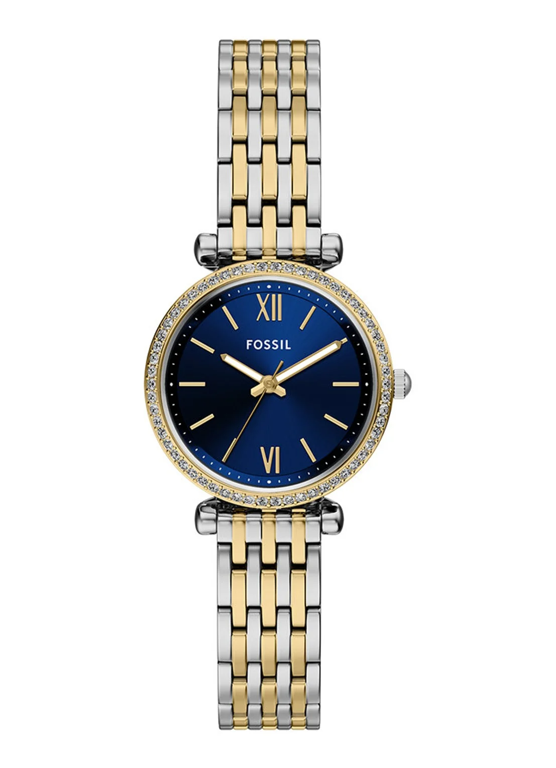 Dit tweekleurige horloge combineert een goud- en zilverkleurige roestvrijstalen schakelband met een bijpassende ronde kast voor een gepolijste look. De blauwe wijzerplaat met zonnestraaleffect voegt een levendig contrast toe en heeft drie wijzers voor een strakke, moderne look. Een vouwsluiting met drukknopen zorgt voor een veilige, verstelbare pasvorm.